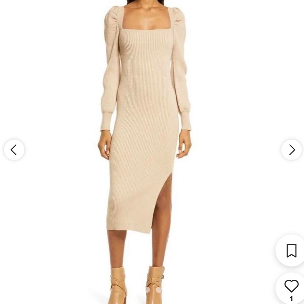 Charles Henry - Square Neck Tie Back Puff Long Sleeve Sweater Dress in beige